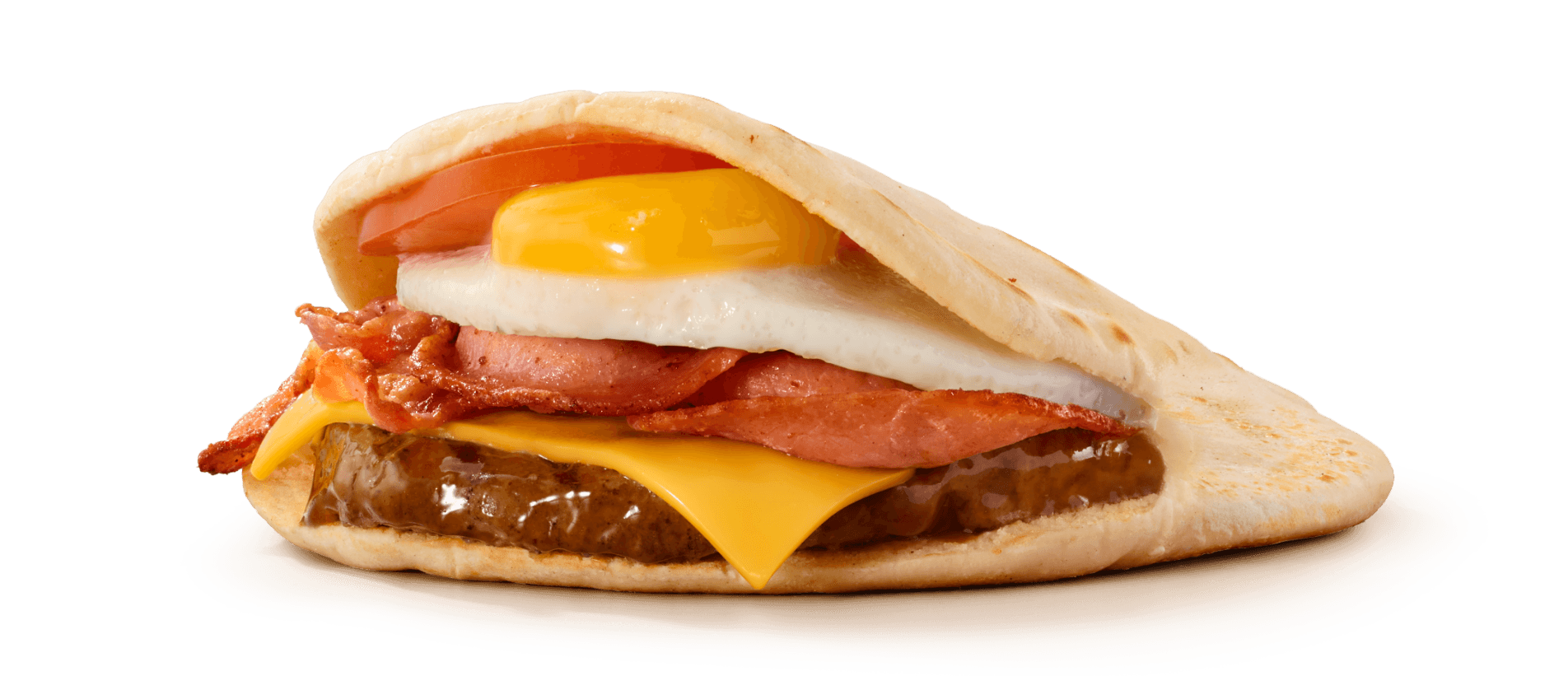 Breakfast pita filled with a fried egg, bacon, beef patty, melted cheese and tomato