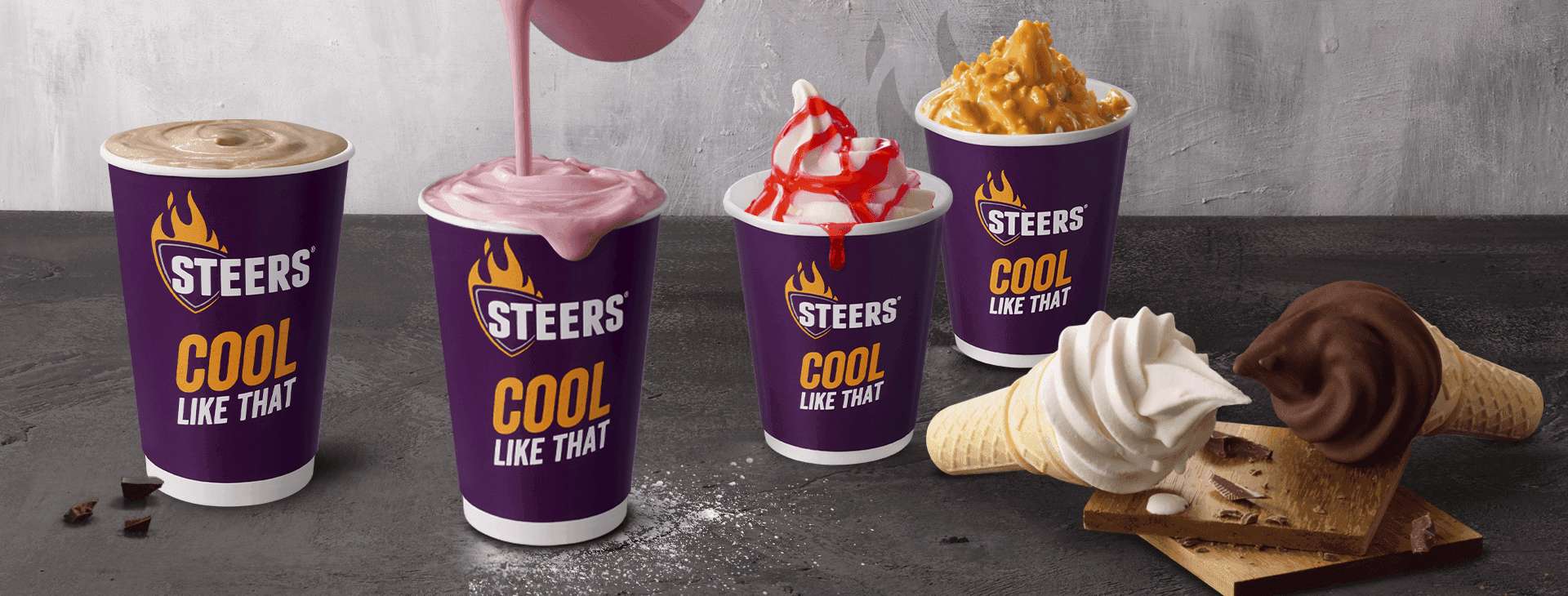 Selection of milkshakes and ice creams from steers