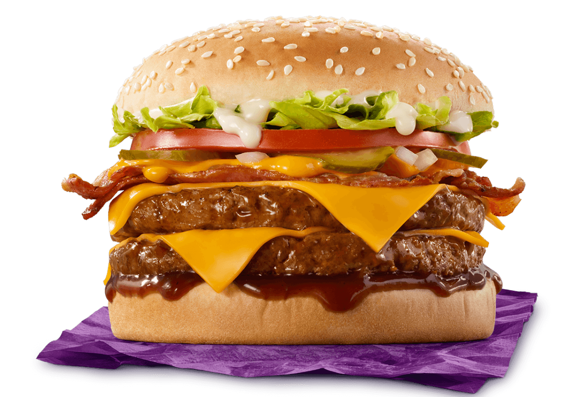 Double bacon cheeseburger with two juicy beef patties, melted cheddar cheese, crispy bacon, lettuce, tomato, pickles, sesame seed bun, creamy mayo, and barbecue sauce on a purple wrapper