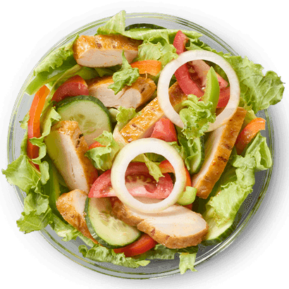 Grilled chicken salad bowl with lettuce, cucumber slices, tomato wedges and onion rings