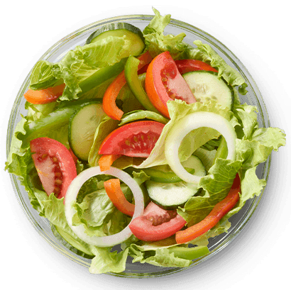 Fresh garden salad bowl with lettuce, cucumber slices, tomato wedges, onion rings, and bell pepper strips