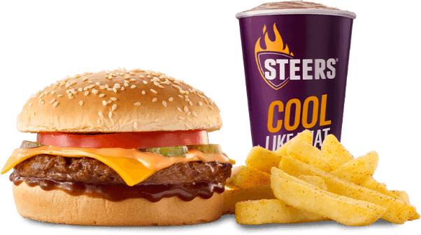 Classic cheeseburger meal with melted cheddar cheese, seasoned chips and a creamy milkshake in a branded purple cup