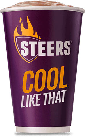 Chocolate milkshake in a branded purple cup with rich creamy topping