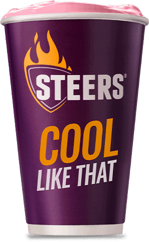 Strawberry milkshake in a branded purple cup with creamy pink topping