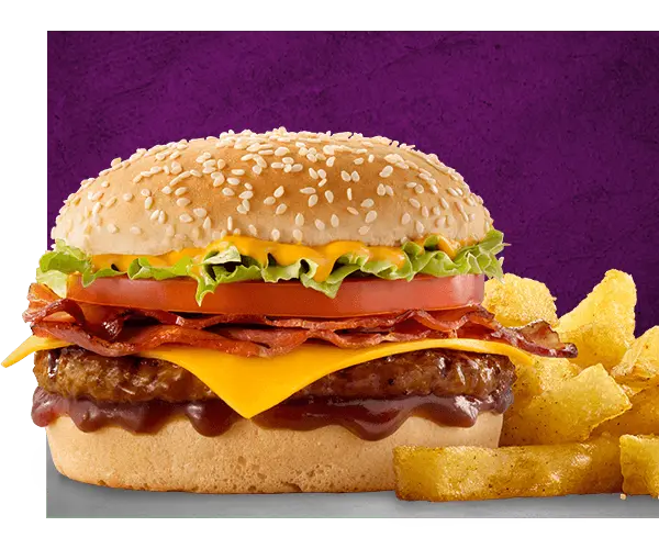 Bacon and cheese burger with flame-grilled beef patty, crispy bacon, melted cheese, lettuce, tomato and golden chips
