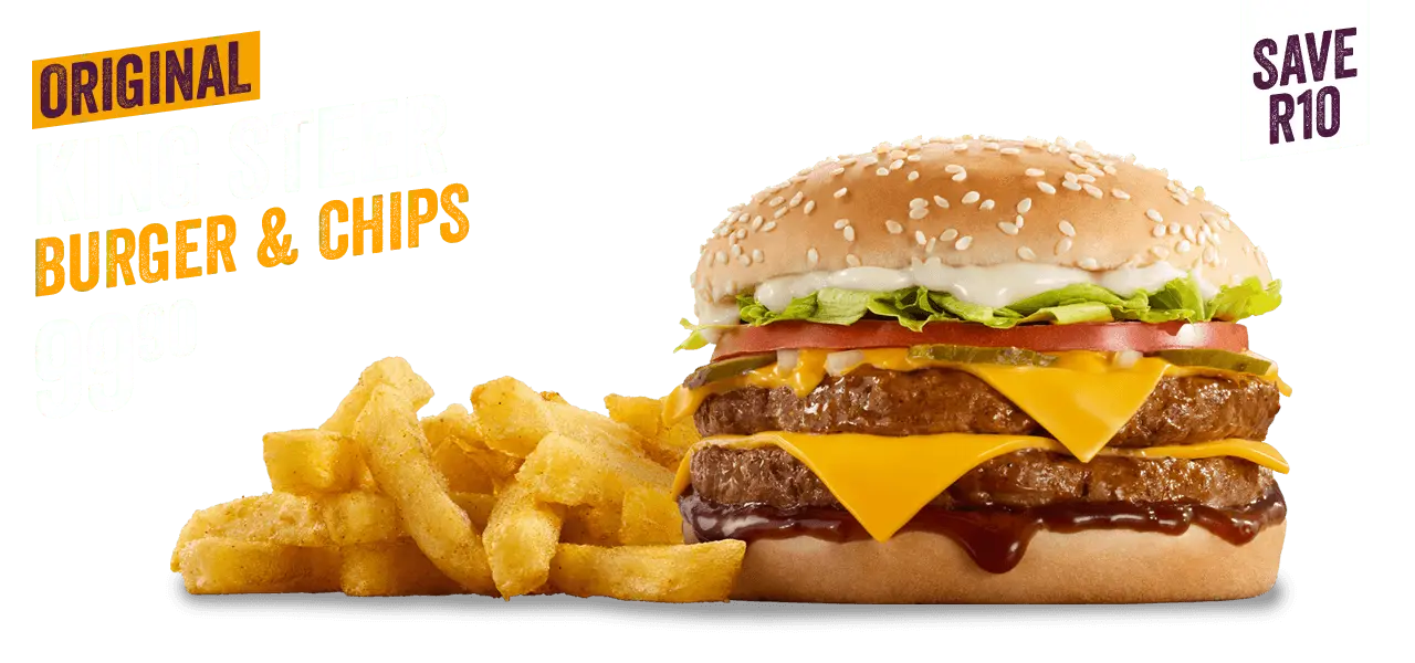 A King Steer Burger with Chips against a purple background.